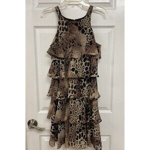 Dress Barn Womens Ruffle Tiered Leopard Cheetah Y2K Dress Sleeveless 6